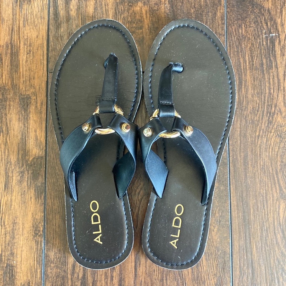 ALDO sandals, size 7.5, black with gold details